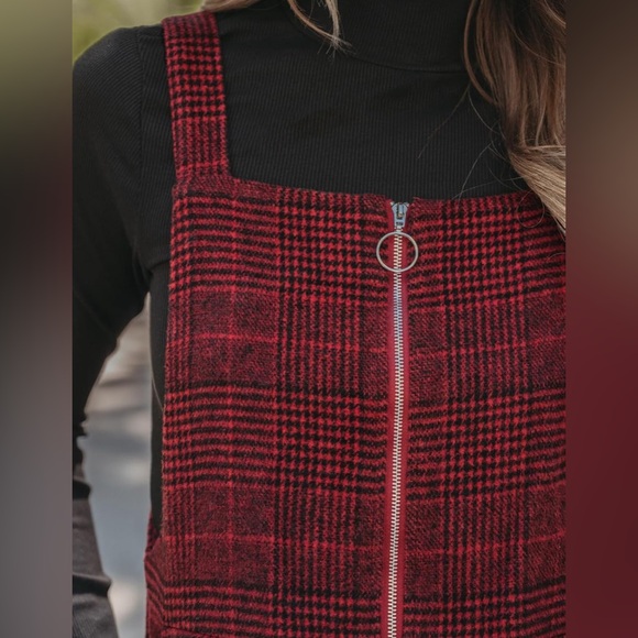 Women's Mini Dress Plaid O-Ring Zip Wide Straps Sleeveless Overall Dress - Picture 7 of 9